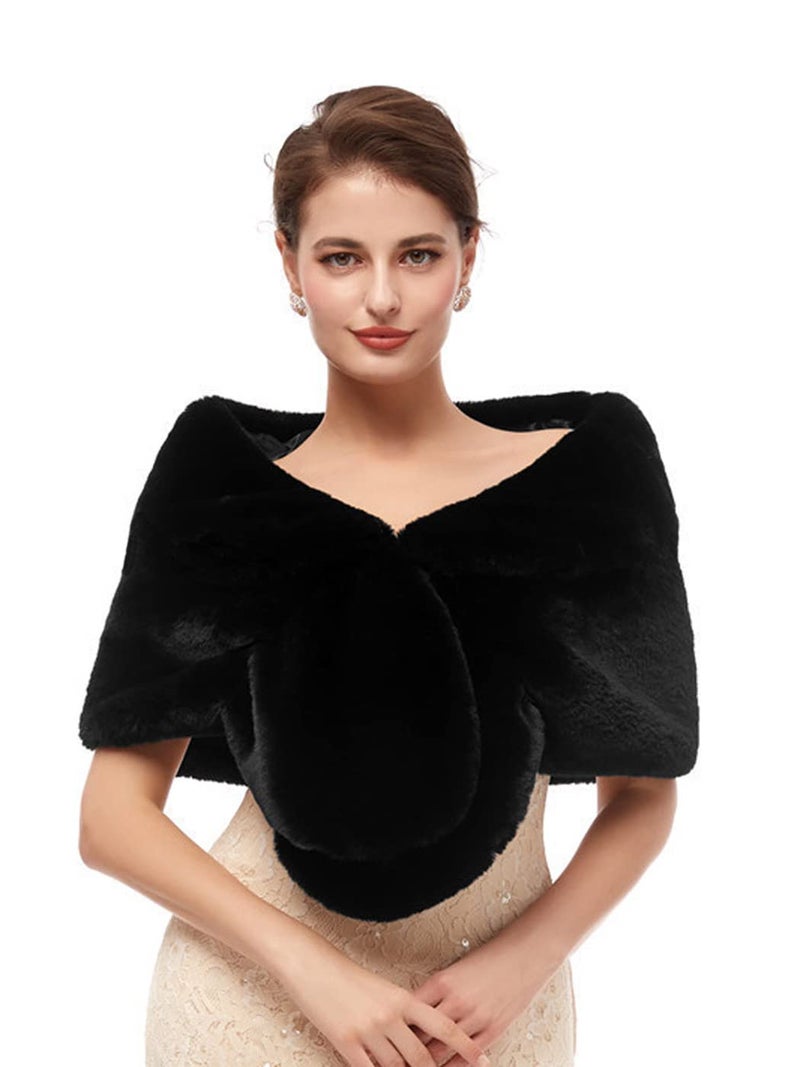 Jovono Women's Wedding Fur Wraps and Shawls Bridal Fur Stole and Scarves for Bridesmaid (Black) - Image 1